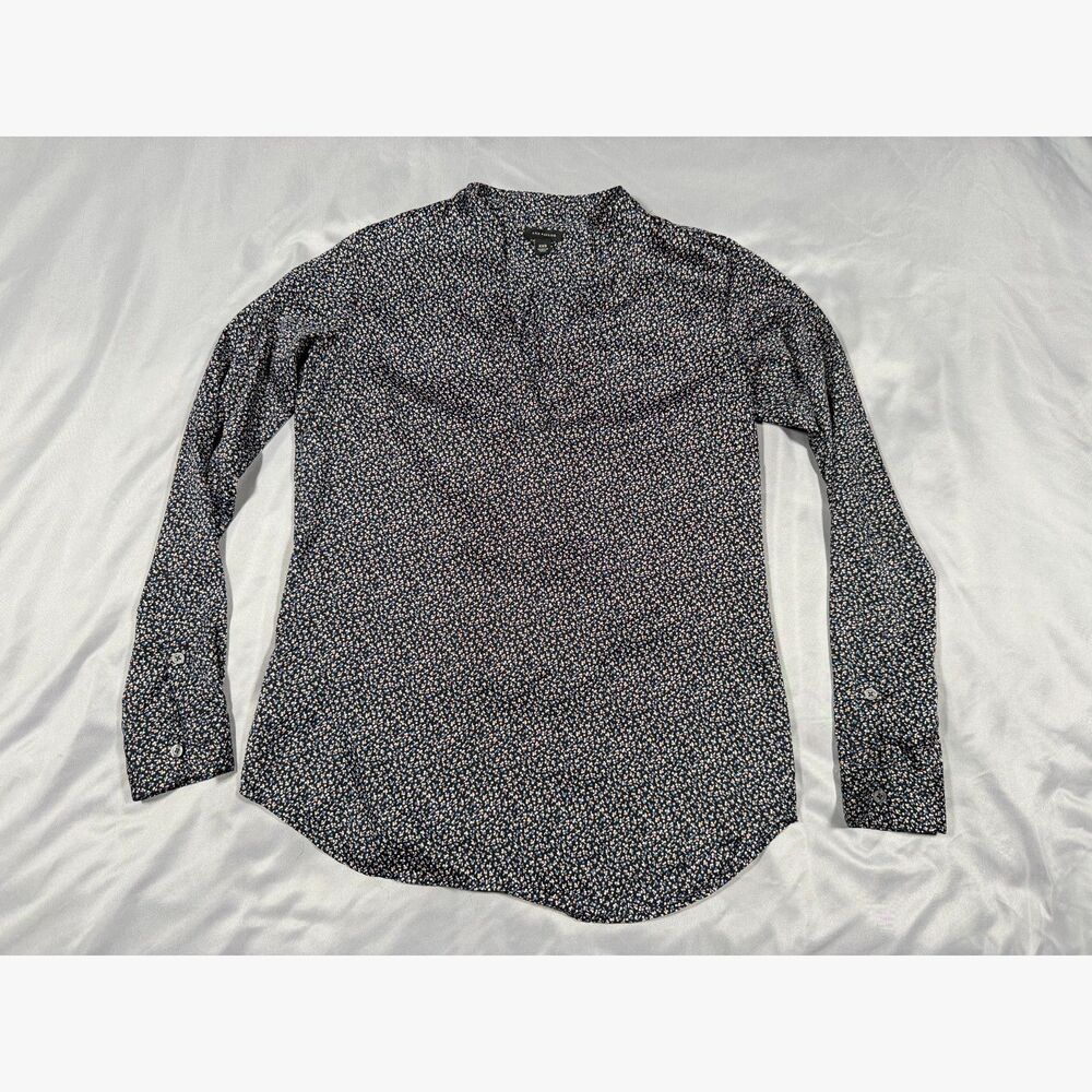 Ann Taylor XXS Floral Split Neck Blouse Navy Blue Pink Long Sleeve Career Top